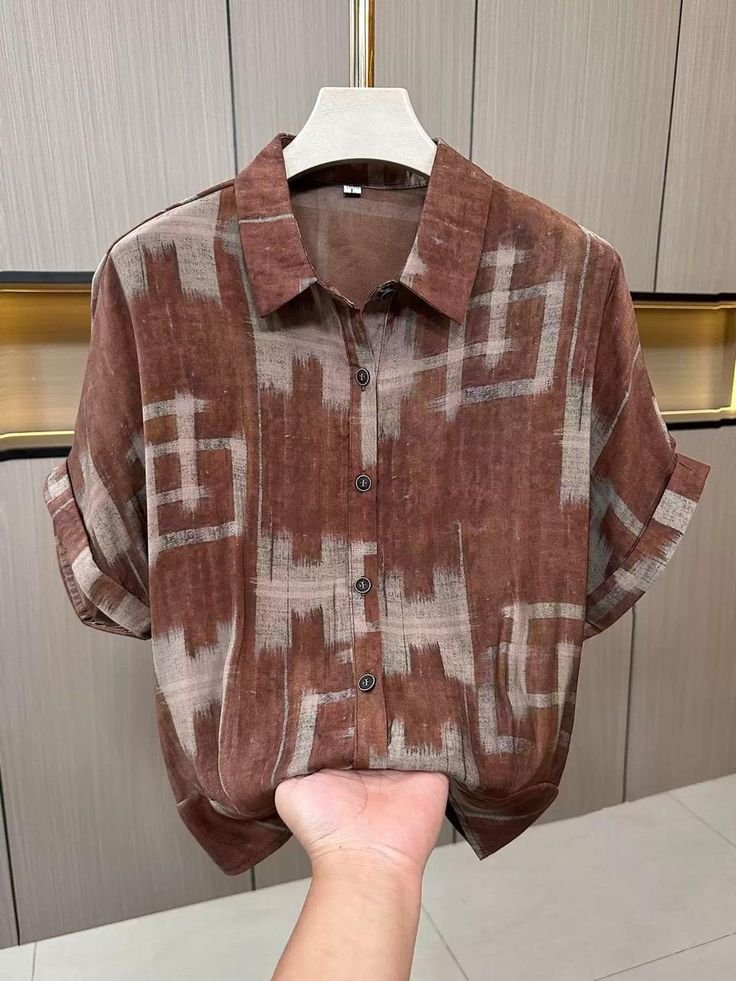 Rust Brown Geometric Ikat-Style Shirt